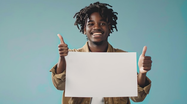 Uśmiechnięty młody człowiek z dreadlocks trzymając pusty znak dając kciuki na niebieskim tle casual styl reklamy koncepcji AI