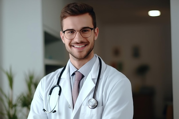 Uśmiechnięty młody lekarz rasy kaukaskiej w warunkach kliniki