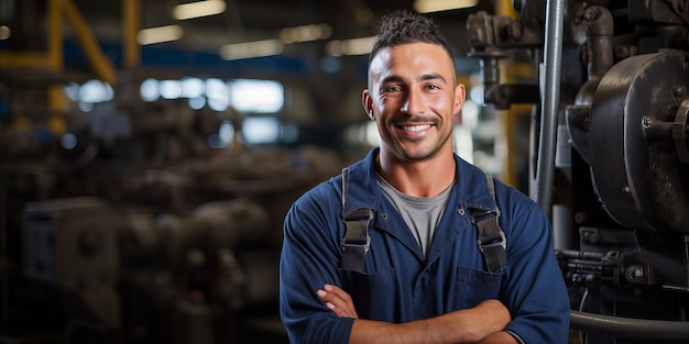 Uśmiechnięty młody robotnik fabryczny w niebieskich kombinezonach w warsztacie przemysłowym