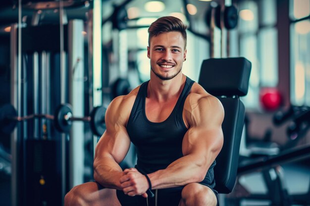 Uśmiechnięty, muskularny mężczyzna siedzący w nowoczesnej siłowni