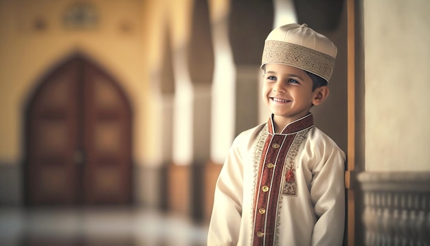 Uśmiechnięty muzułmański chłopiec ubrany w arabski tradycyjny strój przed pięknym meczetem