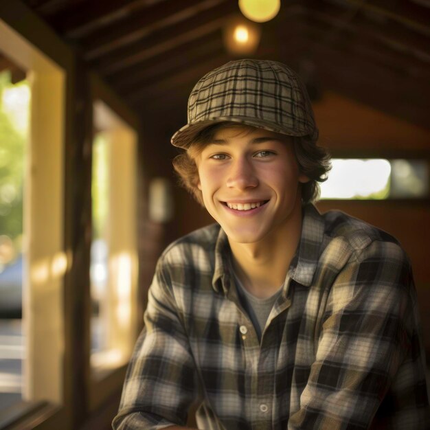 Uśmiechnięty nastolatek w kraciastej koszuli i kapeluszu na drewnianym ganku wygenerowany przez sztuczną inteligencję