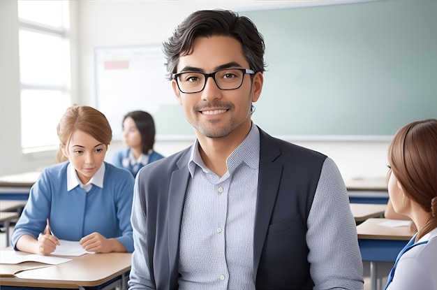 Uśmiechnięty nauczyciel w średnim wieku w klasie wśród uczniów Światowy Dzień Nauczycieli pokolenie AI