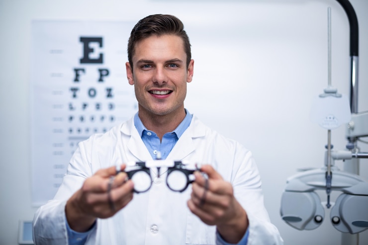 Zdjęcie uśmiechnięty okulista trzyma messbrille