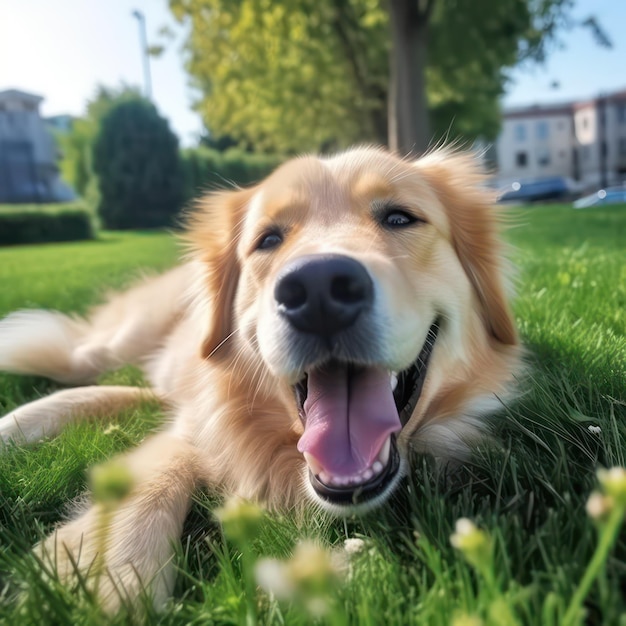 Uśmiechnięty pies leżący na trawie