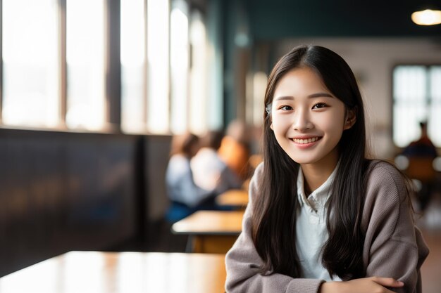 Zdjęcie uśmiechnięty portret azjatyckiej studentki w klasie