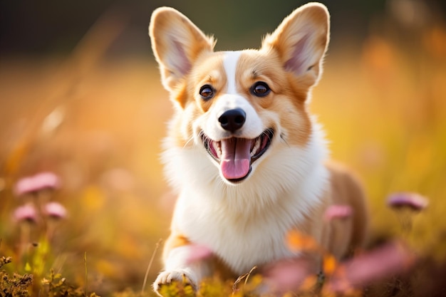 Zdjęcie uśmiechnięty portret psa corgi pembroke welsh corgi spacerujący w letnim parku