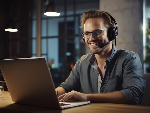 Uśmiechnięty pracownik biurowy noszący słuchawki przed laptopem pracuje i wykonuje połączenie wideo
