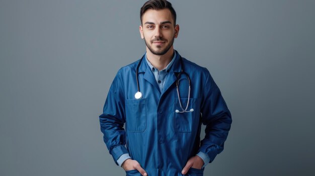 Uśmiechnięty pracownik opieki zdrowotnej w niebieskim płaszczu ze stetoskopem