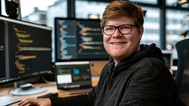Uśmiechnięty programista komputerowy