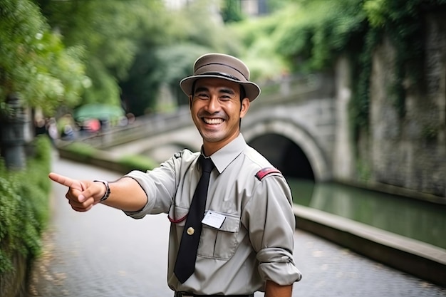 Uśmiechnięty przewodnik turystyczny w mundurze Turystyka azjatycka Wietnam Odkryj pomoc w podróży Lokalny przewodnik Generatywna ilustracja AI