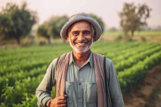 Uśmiechnięty rolnik stojący na polu AI Generative