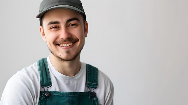 Uśmiechnięty rzemieślnik w kombinezonie na białym tle Przyjazny portret pracownika Odzież zwykła Autentyczny uśmiech Współczesna fotografia AI