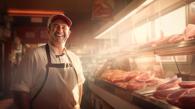 Uśmiechnięty rzeźnik sprzedaje świeże mięso wołowe w sklepie światło słoneczne szczęśliwy odnoszący sukcesy handlarz mięsem oferuje klientom asortyment mięsa w sklepie mięsnym wołowina dostarcza mięso rabaty generatywne AI