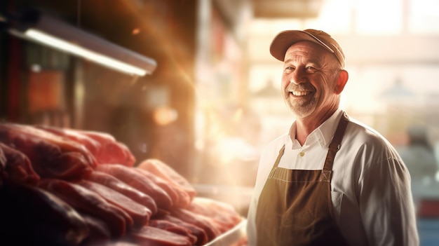 Uśmiechnięty rzeźnik sprzedaje świeże mięso wołowe w sklepie światło słoneczne szczęśliwy odnoszący sukcesy handlarz mięsem oferuje klientom asortyment mięsa w sklepie mięsnym wołowina dostarcza mięso rabaty generatywne AI