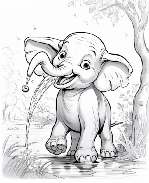 Uśmiechnięty słoń w zabawny sposób tryskający wodą z trąby