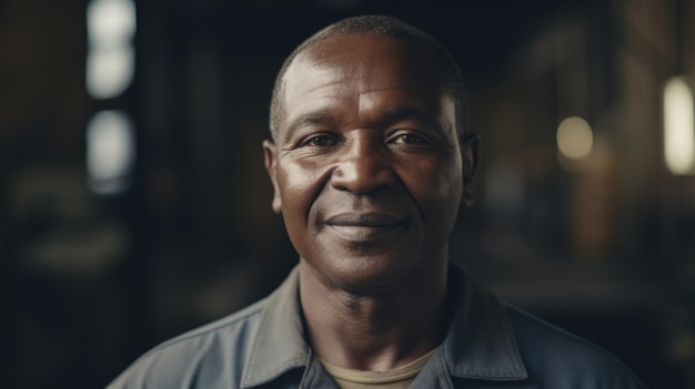 Uśmiechnięty starszy afrykański pracownik fabryki stojący w fabryce blach