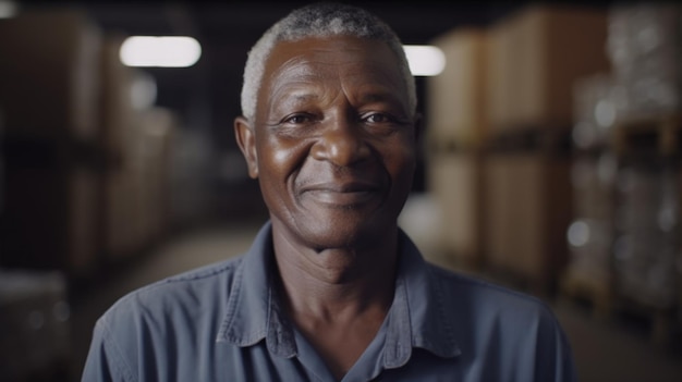 Uśmiechnięty starszy afrykański pracownik fabryki stojący w magazynie