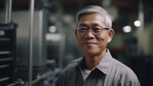 Uśmiechnięty starszy chiński pracownik fabryki elektroniki stojący w fabryce
