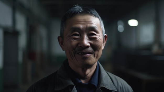 Uśmiechnięty starszy chiński pracownik fabryki stojący w fabryce blachy