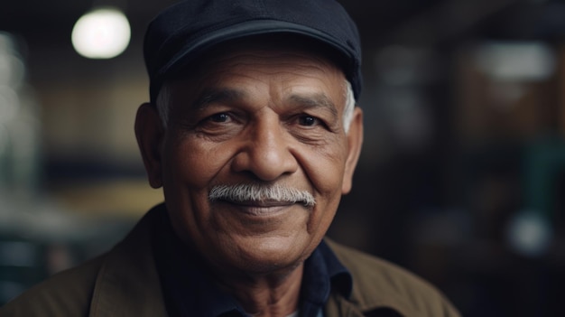Uśmiechnięty starszy indyjski pracownik fabryki elektroniki stojący w fabryce