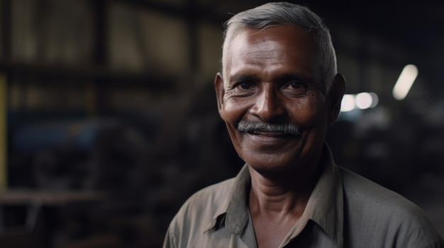 Uśmiechnięty starszy indyjski pracownik fabryki stojący w fabryce blach