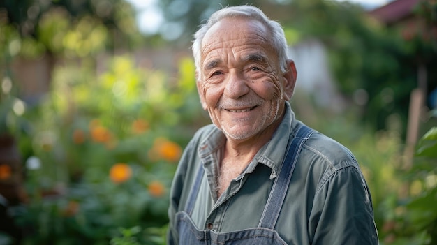 Uśmiechnięty starszy mężczyzna cieszy się ogrodnictwem Czas wolny na świeżym powietrzu