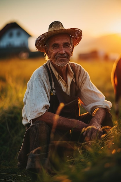 Uśmiechnięty starszy rolnik w kapeluszu siedzący na łące i paszący krowy
