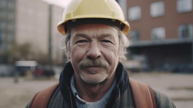 Uśmiechnięty starszy szwedzki pracownik budowlany stojący na placu budowy