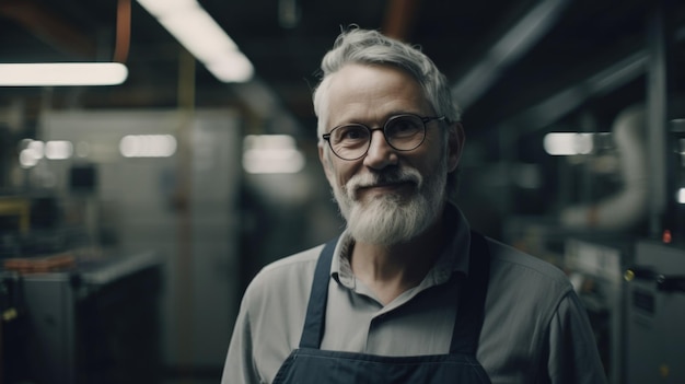 Uśmiechnięty starszy szwedzki pracownik fabryki elektroniki stojący w fabryce