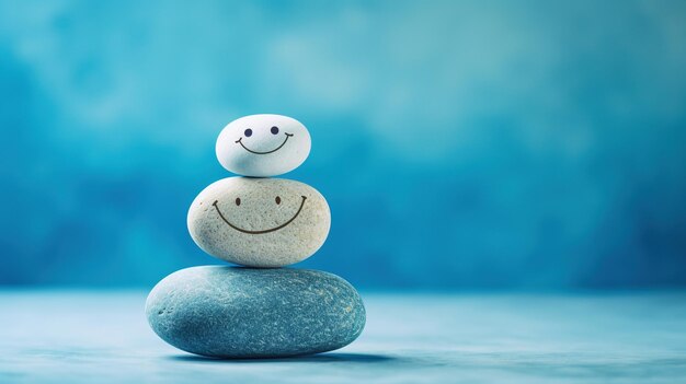 Zdjęcie uśmiechnięty stos kamieni na spokojnym niebieskim tle