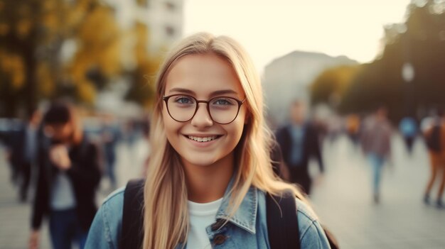 Uśmiechnięty student z plecakiem na tle niewyraźnej uniwersyteckiej sztucznej inteligencji