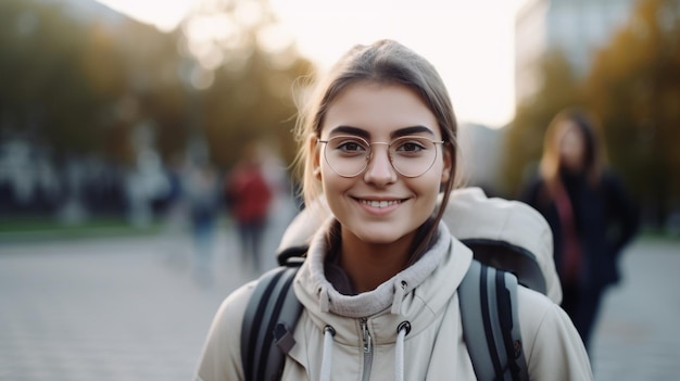 Uśmiechnięty student z plecakiem na tle niewyraźnej uniwersyteckiej sztucznej inteligencji