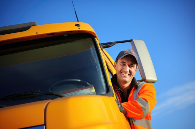 Uśmiechnięty szczęśliwy kierowca ciężarówki w pomarańczowej kamizelce i czapce portret zbliżenie w pobliżu słonecznego pojazdu ciężarowego