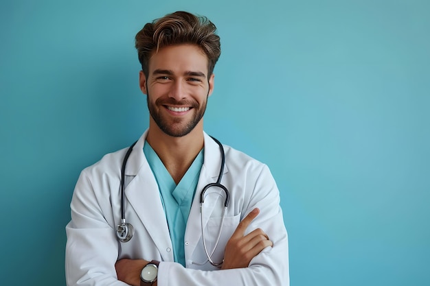 Uśmiechnięty szczęśliwy lekarz wskazujący palcem na niebieskie tło