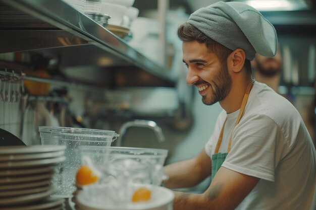 Uśmiechnięty szef kuchni myje naczynia w kuchni komercyjnej