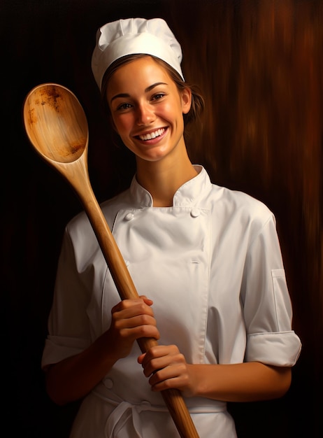 Uśmiechnięty szef kuchni trzymający drewnianą łyżkę