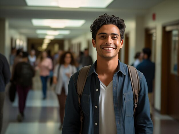 Uśmiechnięty uczeń stojący na szkolnym korytarzu