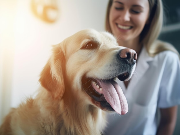 Uśmiechnięty weterynarz z szczęśliwym golden retrieverem w klinice