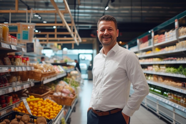 Uśmiechnięty właściciel sklepu wśród sukcesu w jasnym supermarkecie