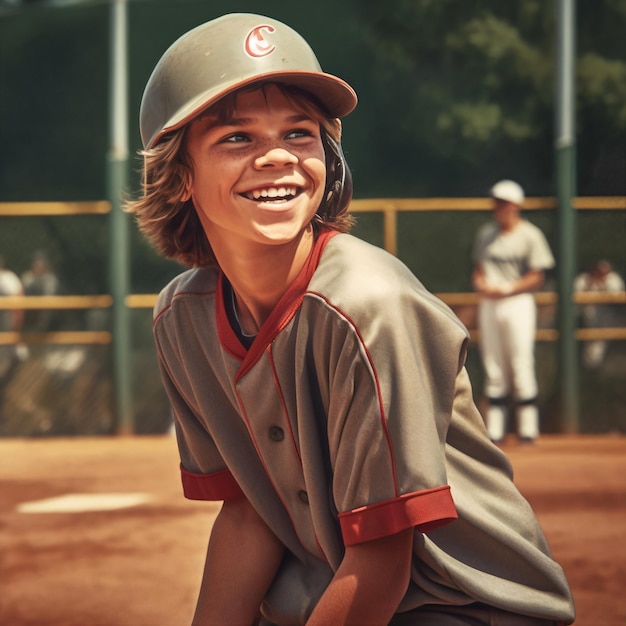uśmiechnij się, chłopiec, gracz w softball