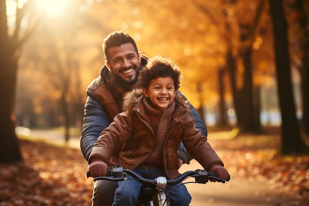 Uśmiechy na kółkach Etniczny ojciec i syn cieszący się jazdą rowerem Generacyjna sztuczna inteligencja