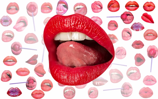 Zdjęcie usta i usta seksowny język lizanie zmysłowe usta czerwona warga tło kobiece usta