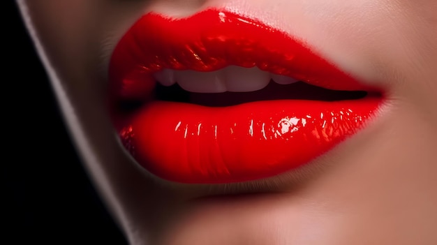 Usta kobiety są pokazane z jasnoczerwoną szminką.