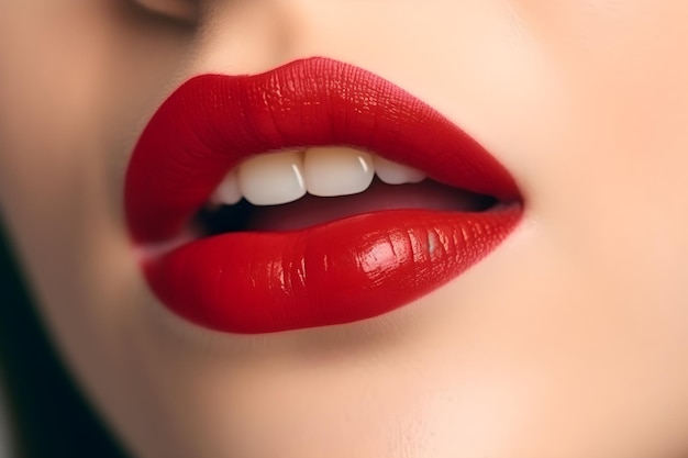 Usta kobiety z czerwonymi szminkami i białą wargą.