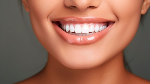 Usta osoby zbliżenie uśmiechnięta kobieta białe zęby Generative AI