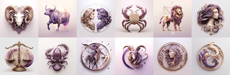 Zdjęcie ustaw hiperrealistyczne znaki zodiaku baran byk bliźniacy rak lew panna waga skorpion i inne