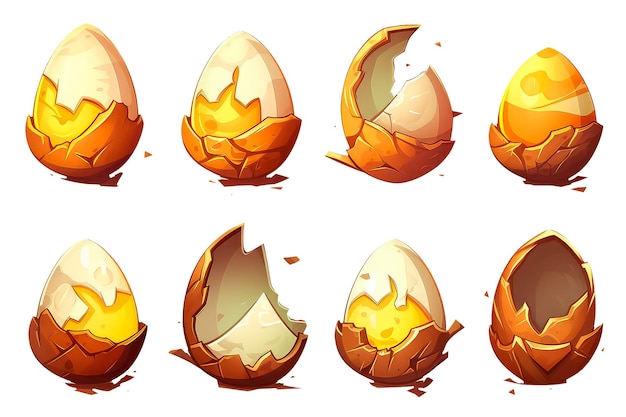 Ustaw rozbite jajko w stylu kreskówki do gry wideo na białym tle