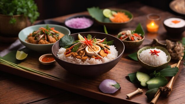 Ustaw scenę dla podróży zmysłowej z ryżem tajskim zdjęcia jedzenia na ciepłym drewnianym stole skomplikowany