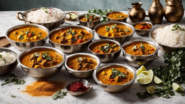Ustaw scenę dla pysznego południowoindyjskiego jedzenia curry poprzez aranżację różnych potraw curry